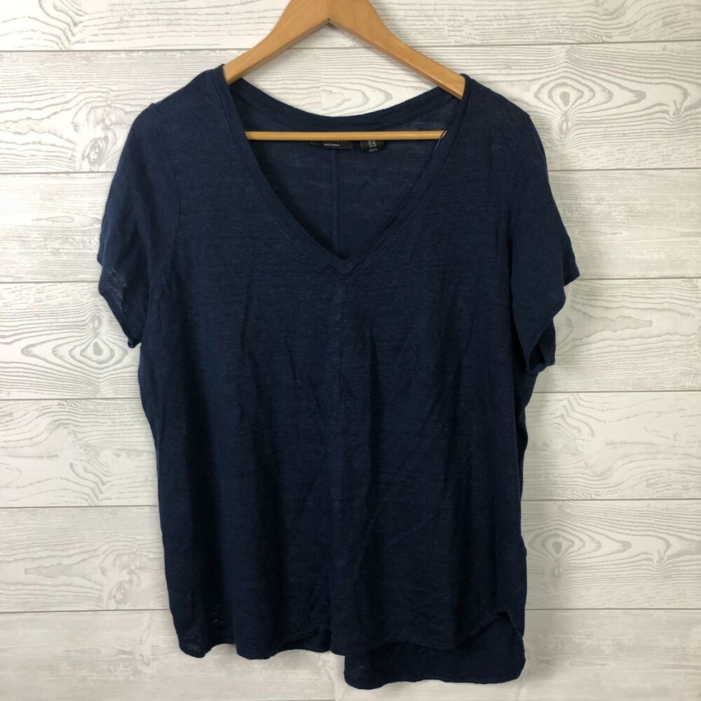 Tahari Women's 1X Short Sleeve V Neck Tee Shirt 100% Linen Solid Blue Casual